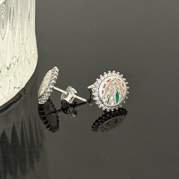 Virgin of GUADALUPE Bling Earrings S925 Sterling Silver Handmade Ear Stud - Picture 3 of 3
